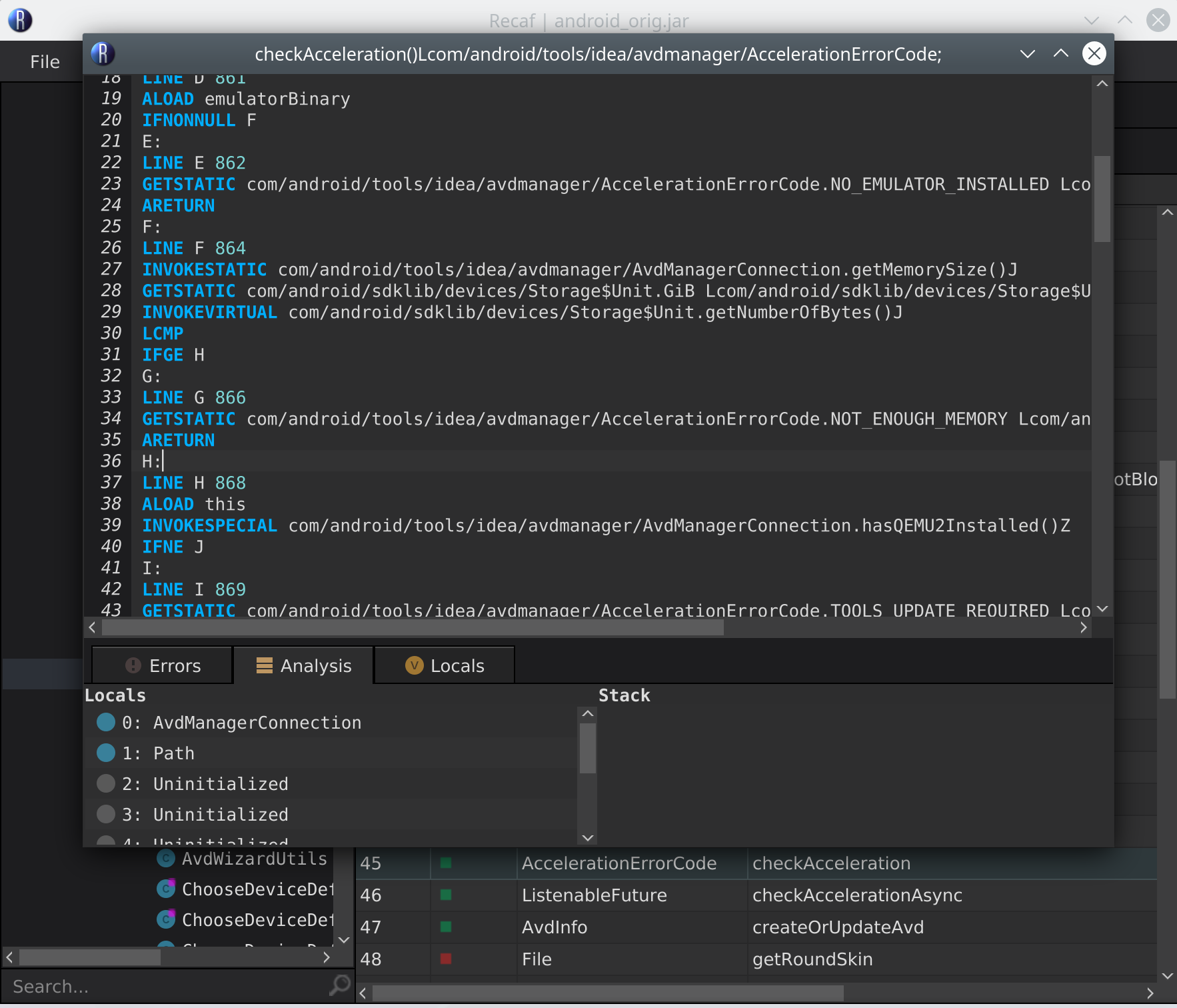 Recaf’s bytecode editor - the stack pane shows what variables are on the stack at the line under the cursor, none in this case