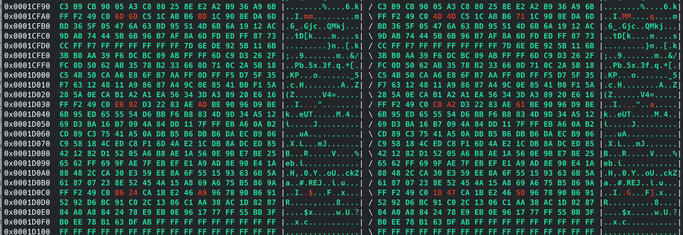 A quick binary diff of the final firmware image - only a few bytes of difference, as expected.