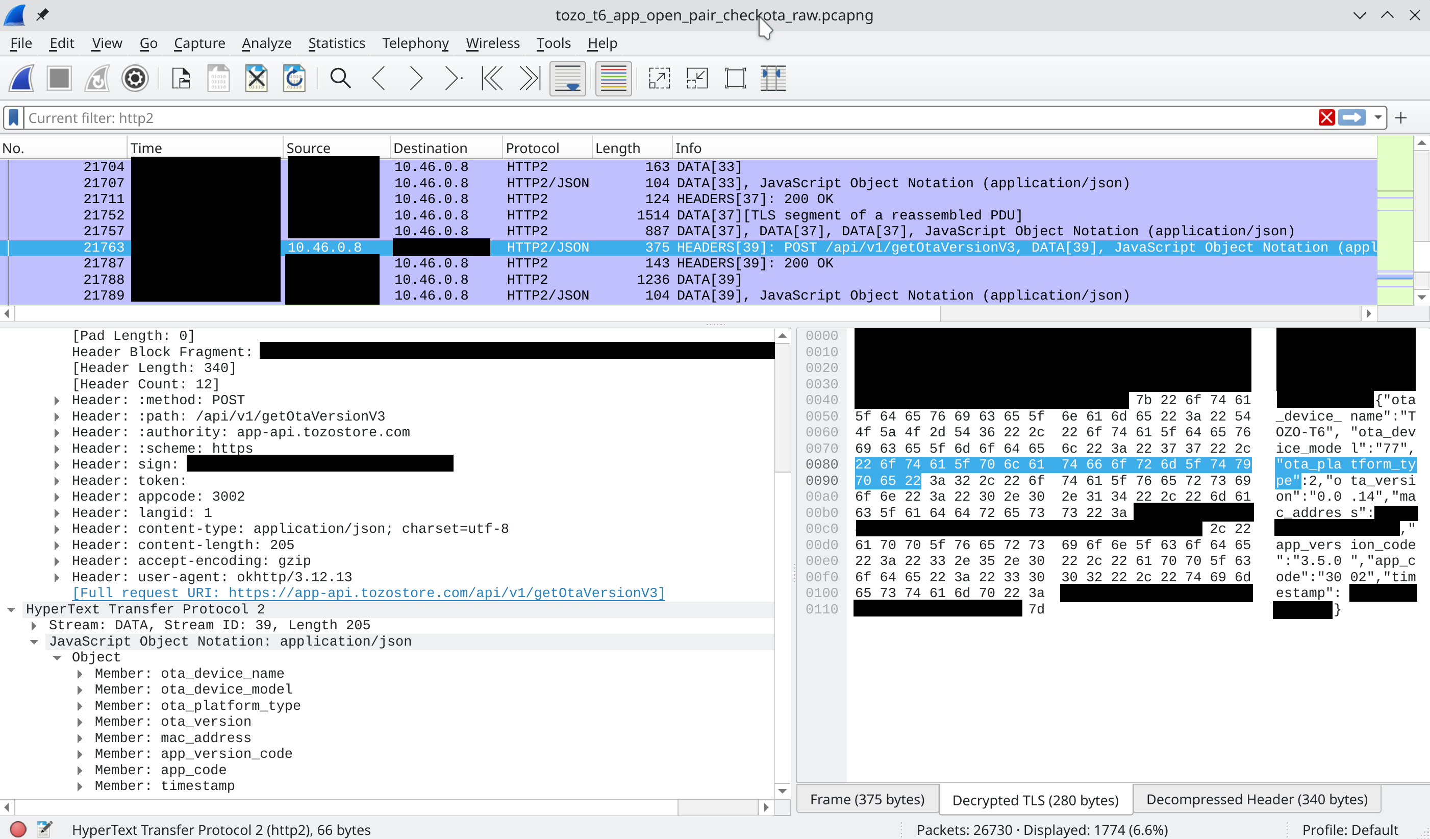 getOtaVersionV3 Request in Wireshark